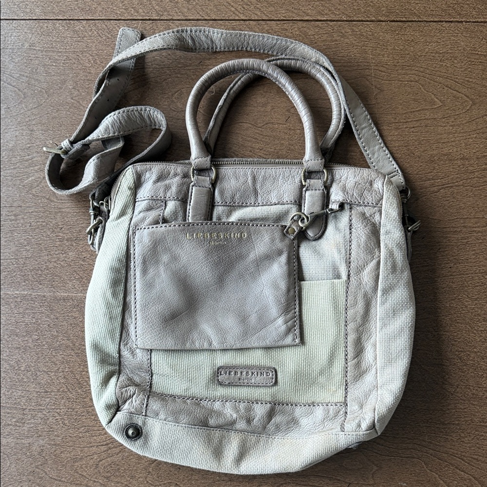 Liebeskind Taupe Crossbody Tote with Leather Trim & Brass Hardware